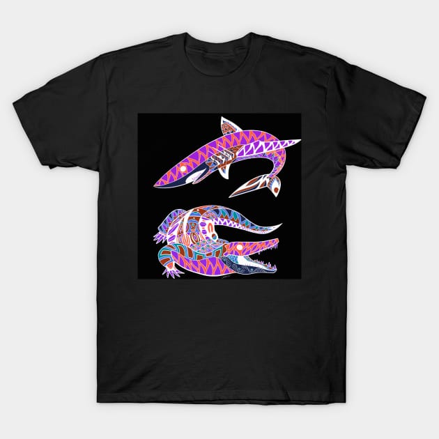 the kingdom of the beast, the shark and the alligator crocodile art T-Shirt by jorge_lebeau